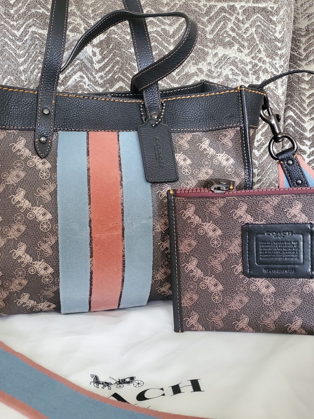 Coach Brown Signature Canvas Tote with Pink and Blue Stripes